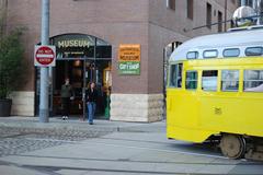 Entrance of the San Francisco Railway Museum with signage and glass doors