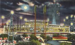 Night view of Steeplechase Park amusement park at Coney Island with illuminated attractions