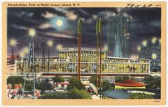 Steeplechase Park amusement rides illuminated at night, Coney Island, New York, vintage postcard