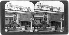 Vintage black and white stereograph image of Steeplechase Park amusement park with a large carousel and people walking around