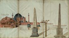 General view of St Sofia with adjacent buildings and Hippodrome monuments including Obelisk of Theodosius, Serpent Column, and Walled Obelisk