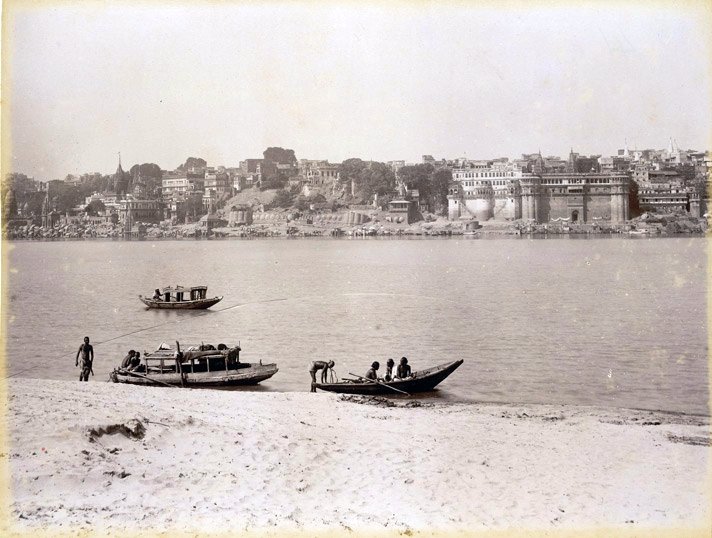 Ghats of Benares (Varanasi) along the Ganges River from Manikarnika to Ganesa Ghat
