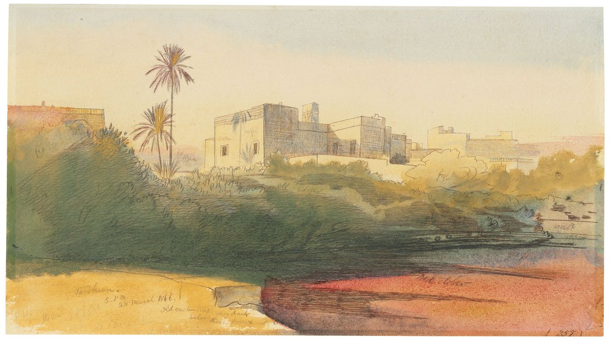 Watercolor painting of Tarxien, Malta by Edward Lear featuring dark old cactus trees