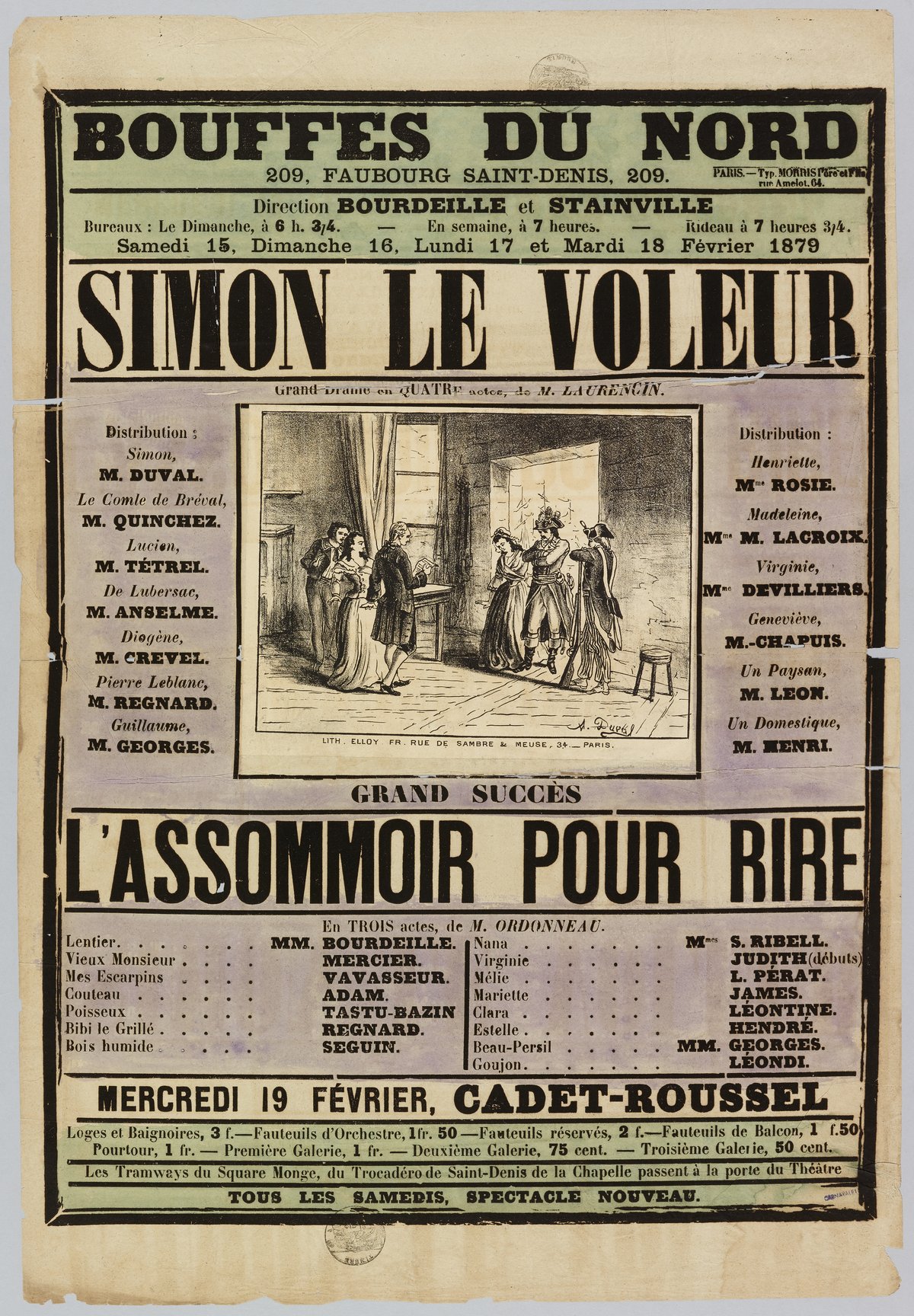 1879 lithographic theater poster for Simon Le Voleur at Bouffes du Nord, Paris