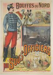 Vintage French theater poster for 'Nos Sous-Officiers' pantomime from 1885 featuring military and theatrical scenes