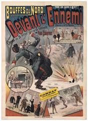 Theater poster for a five-act drama 'Devant l'ennemi' showing a combat on a railway track, reproduction of a famous painting by A. de Neuville