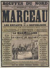 Vintage theatrical poster for the play Marceau or Les Enfants de la Republique at Bouffes du Nord Paris theater, dated 1879