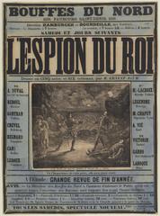 1876 theater poster for Bouffes du Nord featuring the play L'Espion du Roi, showing two Renaissance-dressed men in a duel scene by the sea