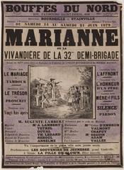 1879 French theater poster for Marianne ou la Vivandière de la 32me Demi-Brigade showing Empire-era drummers and soldiers in a rural landscape