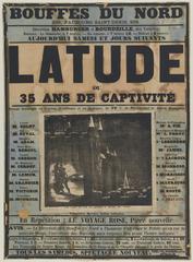 19th century lithographic theatre poster for 'Latude' drama at Bouffes du Nord Paris, featuring historical revolutionary escape scene and cast listings