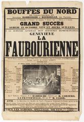 Vintage lithographic theater poster from 1878 showing six prisoners planning escape in a cell for 'Genevieve la Faubourienne' at Bouffes du Nord, Paris