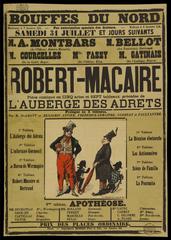Stone lithograph theatre poster for Bouffes du Nord featuring actors Montbars, Bellot, Courcelles, Fassy, and Gatinais, Paris 19th century