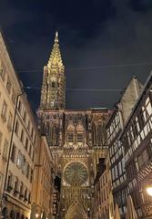 Night view of Cathedrale Notre-Dame de Strasbourg illuminated