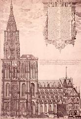 Side view of Strasbourg Cathedral with intricate Gothic architecture and tall spire