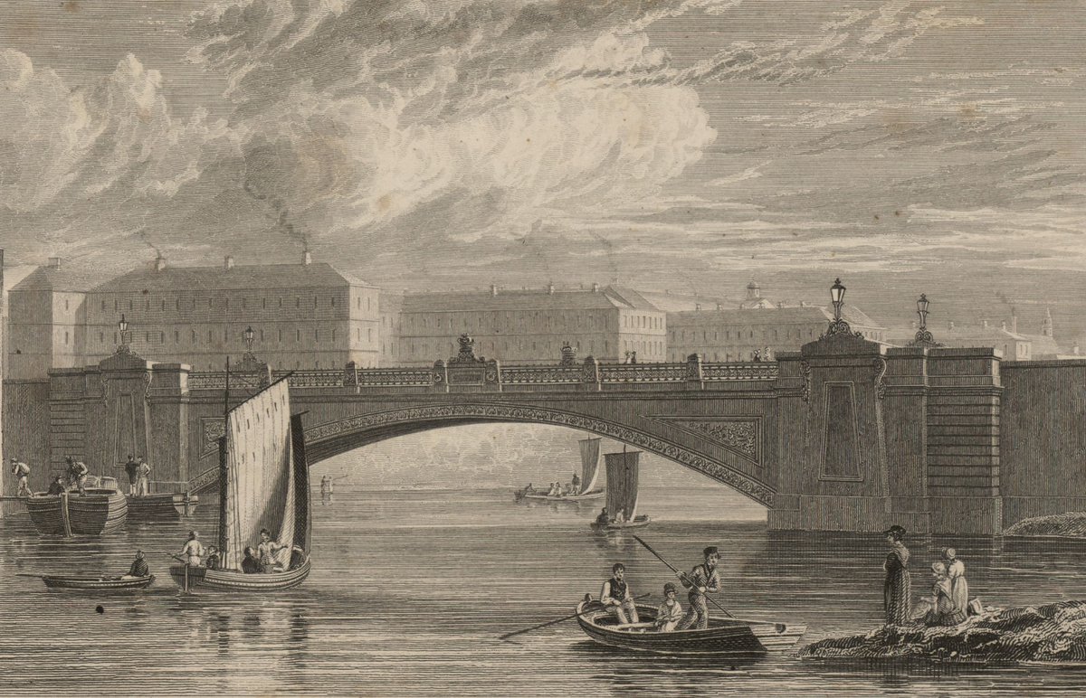 View of King's Bridge and Royal Barracks in Dublin from historical drawing with surrounding cityscape