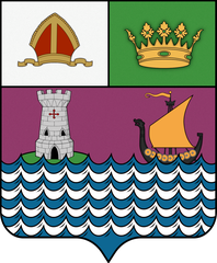 Coat of arms of the Borough of Dún Laoghaire featuring a shield with three golden boats on blue and red background, surrounded by a silver chain and scroll with the borough's name