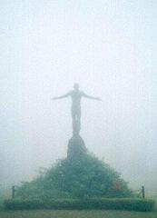 Oblation statue in the mist at the University of the Philippines campus