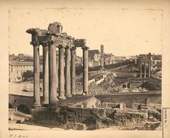 Ruins of Forum Romanum and Temple of Saturn in Rome under clear blue sky