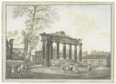 View of the ruins of the Temple of Saturn with dancing and music figures in front, and the Arch of Septimius Severus in the background at the Roman Forum