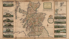 A detailed c. 1714 map of Scotland highlighting commercial fishing areas and featuring illustrations of key castles and cities