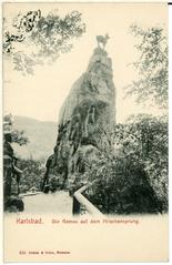 Black and white historical photograph of Hirschensprung bridge in Karlsbad, 1898