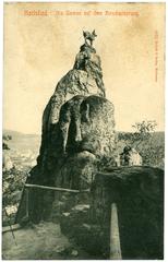 Vintage black and white photo of Karlsbad's Die Gemse auf dem Hirschensprung bridge from 1905