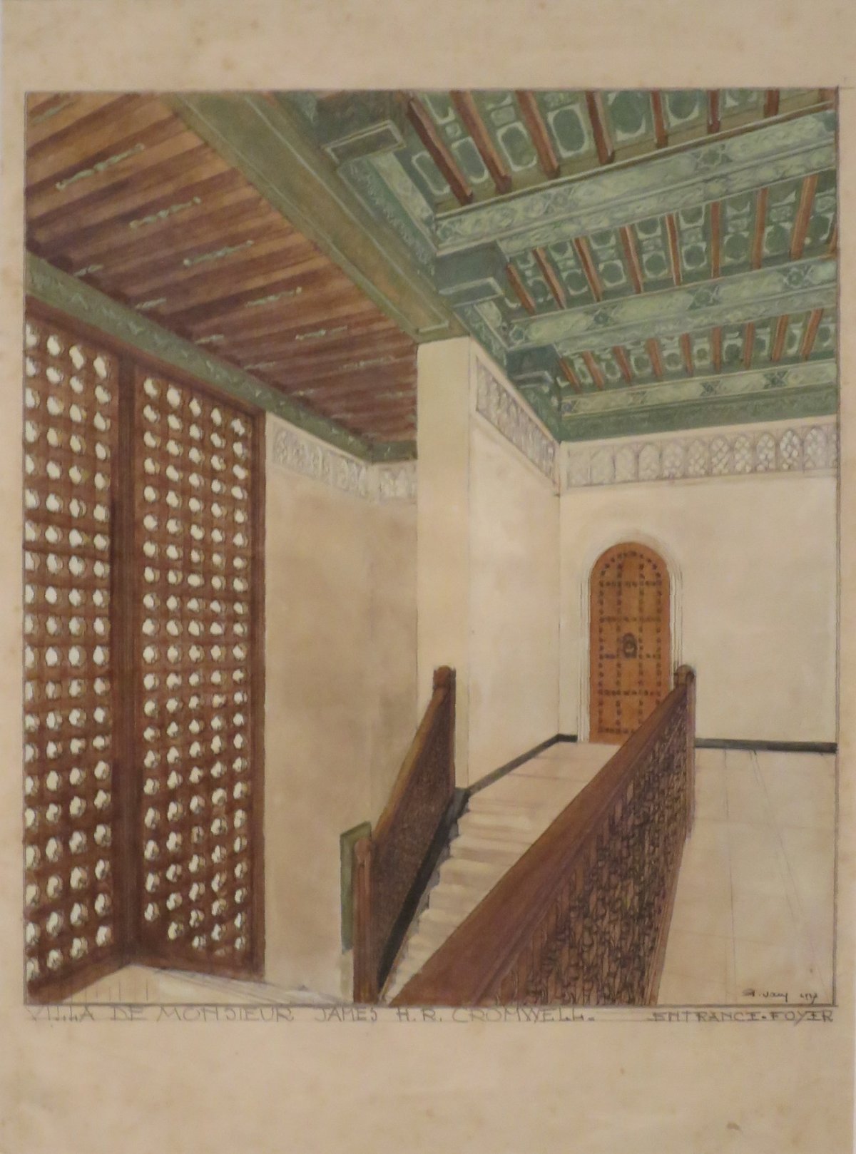 Watercolor drawing scheme of the foyer of Shangri La, 1937 by P. Vary and S.A.L.A.M. René Martin