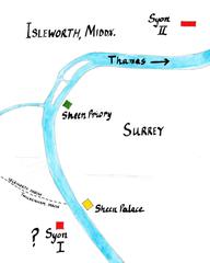 Map showing Henry V's King's Great Work building projects including three monasteries and rebuilt Sheen Palace