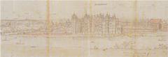 Richmond Palace from the southwest view by Wyngaerde circa 1558-62 showcasing Great Kitchen, main Palace Donjon, Galleried gardens and ruined Friars Observant church