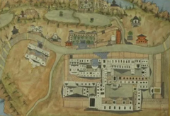 historical map of Srinagar showing river with seven bridges and Sher Garhi palace