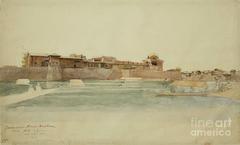 Painting of Sher Garhi Palace, governor's house in Srinagar, Kashmir during Sikh rule, 1835