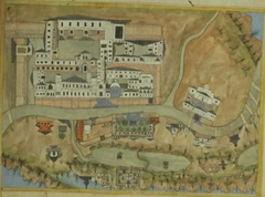 Historical map of Srinagar featuring river with seven bridges and Sher Garhi Palace