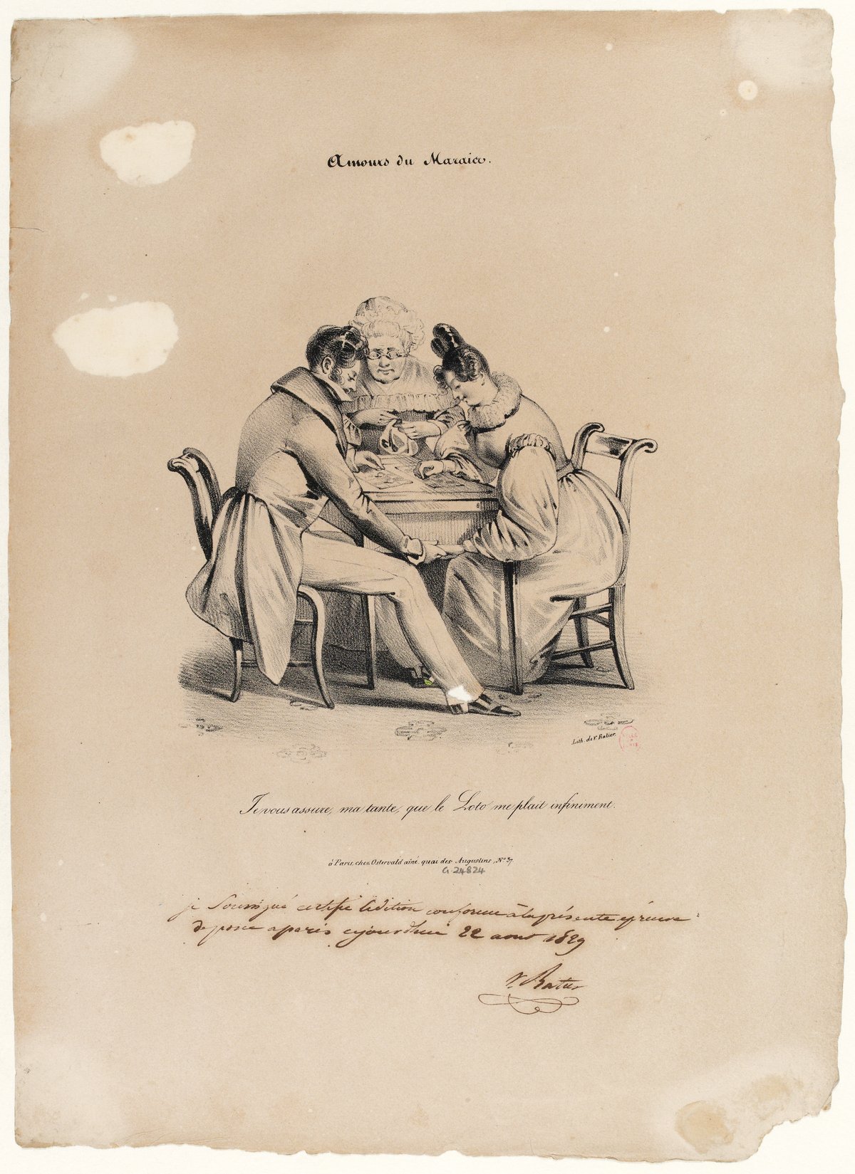 19th century lithograph print Amours du Marais by Charles Philipon showing Parisian romantic scenes