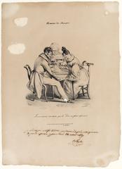 19th century lithograph print Amours du Marais by Charles Philipon showing Parisian romantic scenes