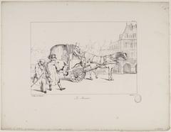 1827 lithograph of Le Marais district in Paris showing horse-drawn carriages and street scene