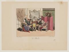 19th century lithograph of a small group playing cards in a richly furnished Parisian salon with Rococo mirror and window draped curtain