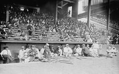 Philadelphia Athletics baseball team in dugout before 1914 World Series Game 1 at Shibe Park