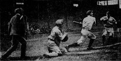 Fritz Maisel of Baltimore Orioles trying to steal home base in a baseball game at Shibe Park against Philadelphia Athletics with Joe Boley batting