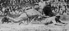 Cy Perkins tagging out Russell Wrightstone at Shibe Park in 1922 baseball game