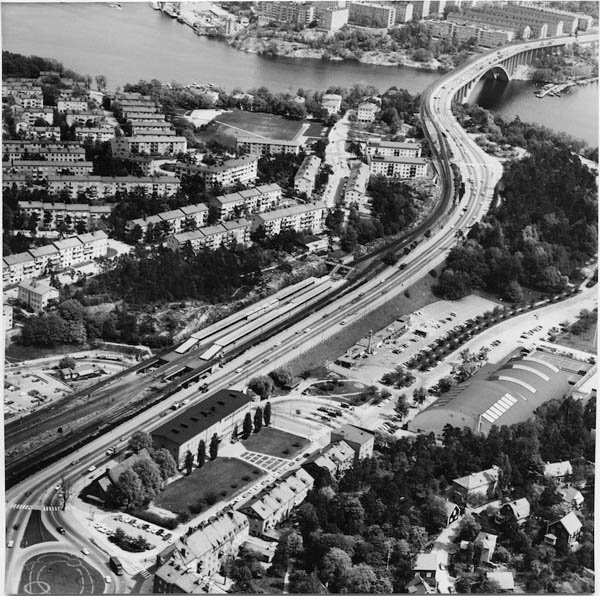 Aerial view of Alvik, Bromma with Alvik metro station at the center and Tranebergsbron bridge in the background