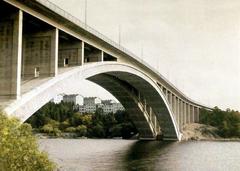 historic view of Tranebergsbron bridge in Stockholm circa 1937 with Kristineberg in background
