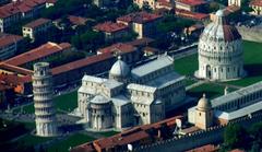 Aerial view of Campo dei Miracoli in Pisa showcasing the Leaning Tower, Pisa Cathedral, and Baptistery