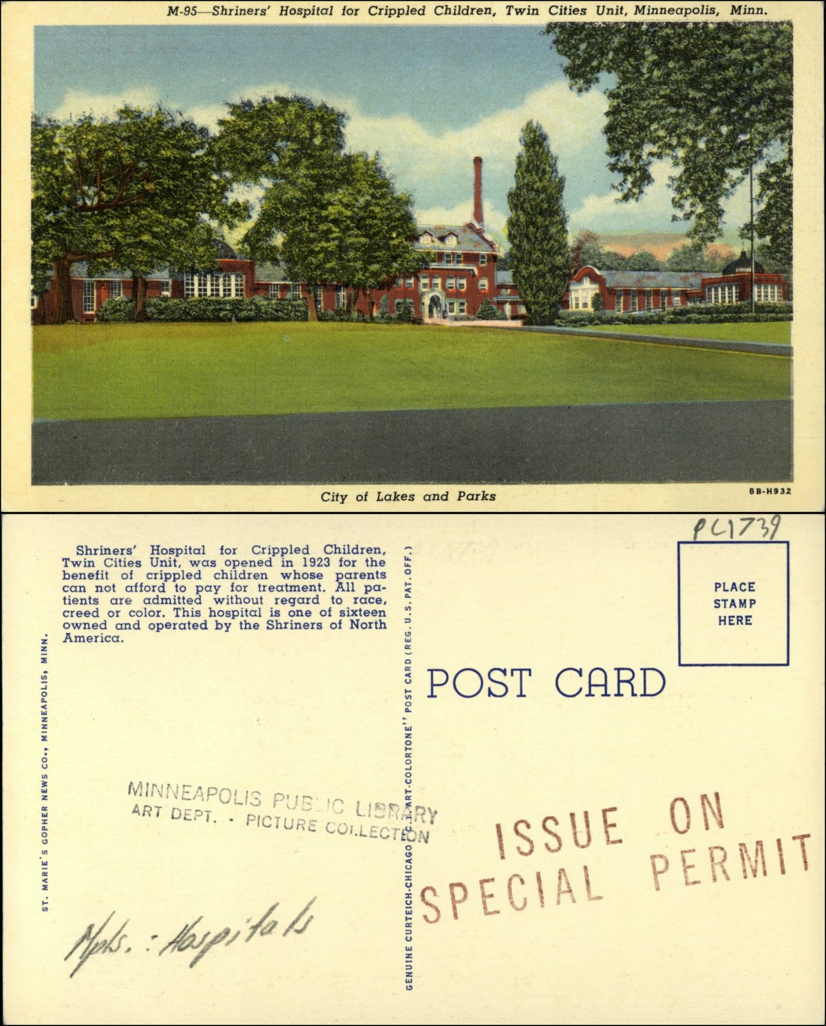 Exterior view of Shriners' Hospital for Crippled Children Twin Cities Unit in Minneapolis