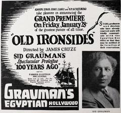 1927 advertisement for American historical film Old Ironsides premiere at Grauman's Egyptian Theatre