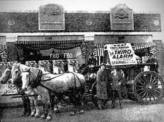 Emory Johnson director and Hyatt Daab with fire team at Graumans Los Angeles 1922