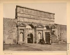 Ancient Roman gate La Porte Majeure or Porta Praenestina-Labicana with monument of Acqua Claudia
