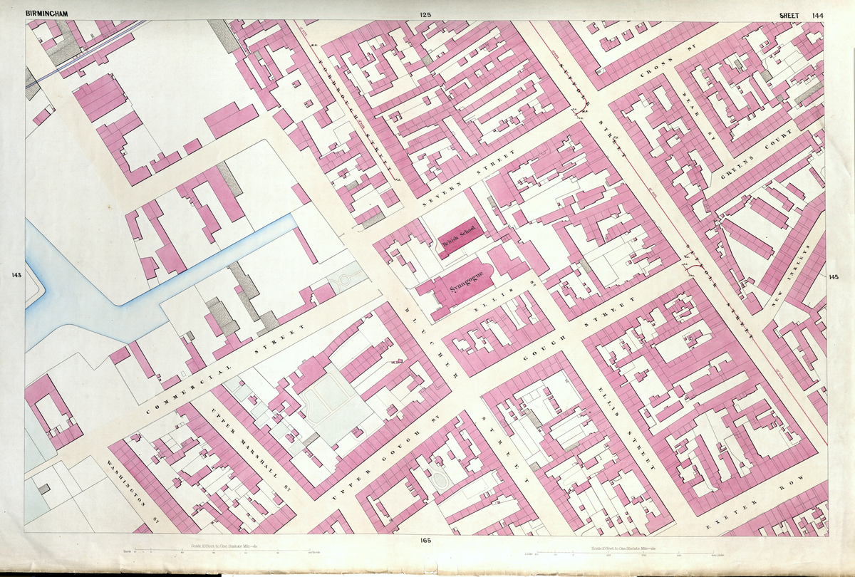 1855 detailed survey map sheet 144 of the Borough of Birmingham, England, showing street layouts and land plots