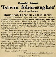 Cover of Vadász és Versenylap magazine dated September 29, 1889, featuring the opening report by Gundel János for István Főherczeg's titular hotel in Budapest, Ferencz József square