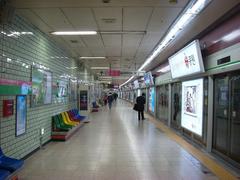 Jamsil Station subway entrance with surrounding buildings and clear blue sky