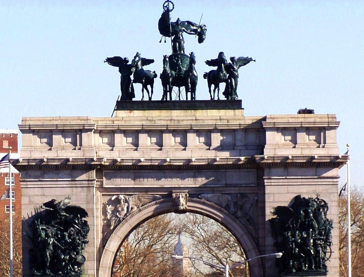 View of Empire State Building through Soldiers and Sailors Memorial Arch at Grand Army Plaza in Brooklyn